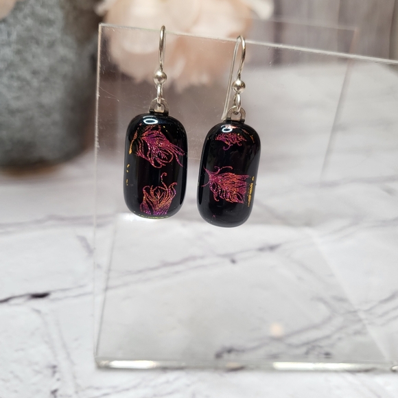 Dichroic Glass Pink Feather Earrings - Picture 3 of 6
